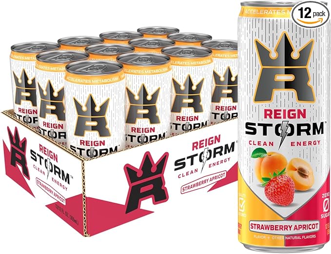 REIGN Storm Strawberry Apricot Fitness &amp Wellness Energy Drink 12 Fl Oz | Pack of 12