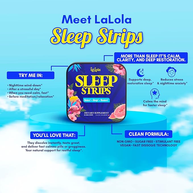 LALOLA Sleep Strips Fast-Dissolving Oral Strips Sleep Aid with Valerian Root Lavender Chamomile Hibiscus and Melatonin Non-Habit Forming