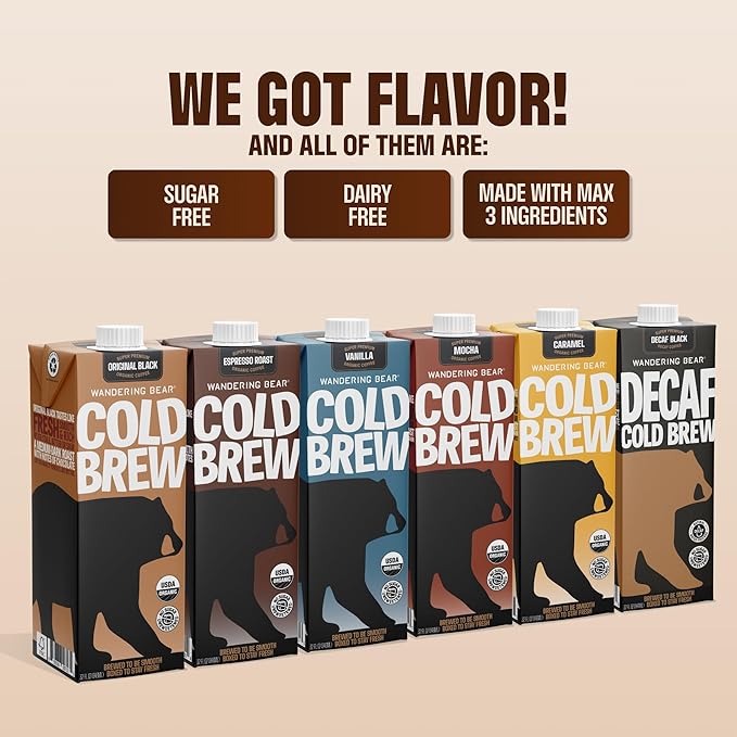 Wandering Bear Organic Caramel Cold Brew Coffee - Strong Bold Smooth Unsweetened Shelf-Stable Ready to Drink Gluten Free &amp Vegan Iced Cold Brewed Coffee Drink - 32 fl oz 6 pack
