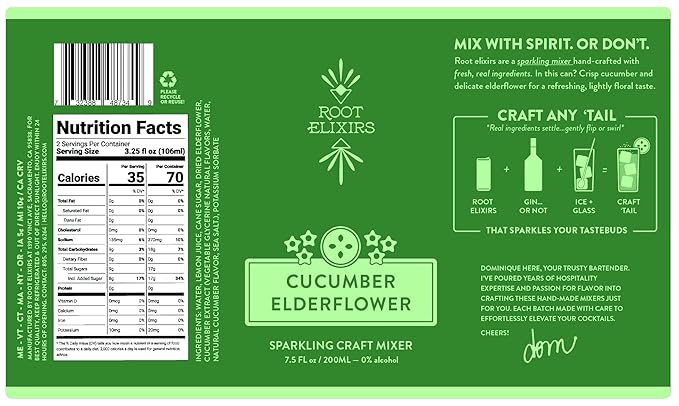 Root Elixirs Cucumber Elderflower Sparkling Cocktail Mixer Zero-Proof Mocktail Mixer Real Citrus + Elderflower 200ml Cans (8-Pack)