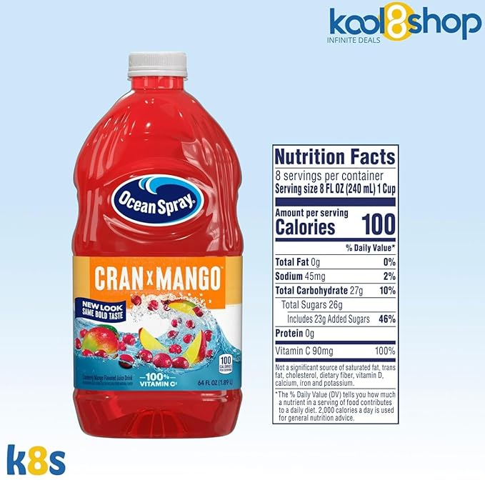 Ocean Spray Cran Mango Fruit Juice Drink 64 fl oz Plastic Bottle 4 Pack + 15 Sugarcane Disposable Straws by KOOL8SHOP Infinite Deals