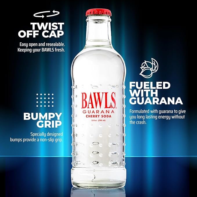 BAWLS Guarana Cherry BAWLS Guarana Drink Guarana Soda Guarana Fueled Soda for Energy High Energy Caffeinated Drink 10oz 12 Pack Glass Bottles