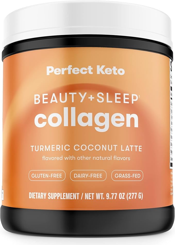 Perfect Keto Beauty + Sleep Grass Fed Collagen Peptides Protein Powder with Ashwagandha Magnesium Biotin Hyaluronic Acid L Theanine Hair Skin Nails &amp Relaxation Support Turmeric Coconut La