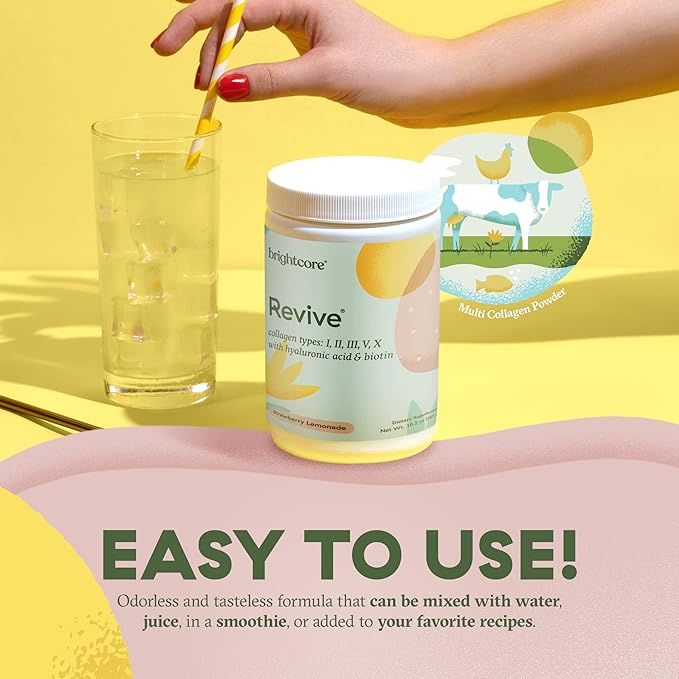 Brightcore Nutrition Revive Multi Collagen Protein Powder with Vitamin C and Hyaluronic Acid Non-GMO Gluten-Free Collagen Powder for Women and Men Strawberry Lemonade Flavor 30 Servings