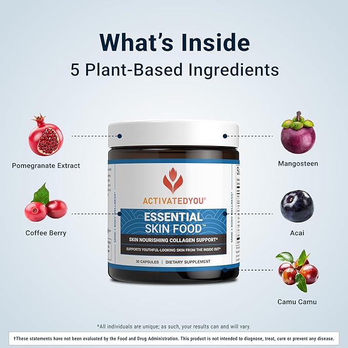 ACTIVATEDYOU Essential Skin Food Advanced Skincare Collagen Elastin Support Supplement for Aging Skin Helps Improve Appearance of Face Texture Sagging w/Dermaval Vitamin C Lysine (30 Capsules)
