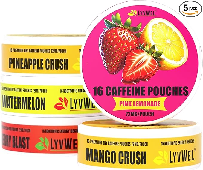 LyvWel 72mg Caffeine Energy Pouches – Sampler Pack (Pink Lemonade Mango Crush Pineapple Crush Watermelon Cherry Blast) – Clean Energy with Guarana – 5-Pack (80 Total Pouches)