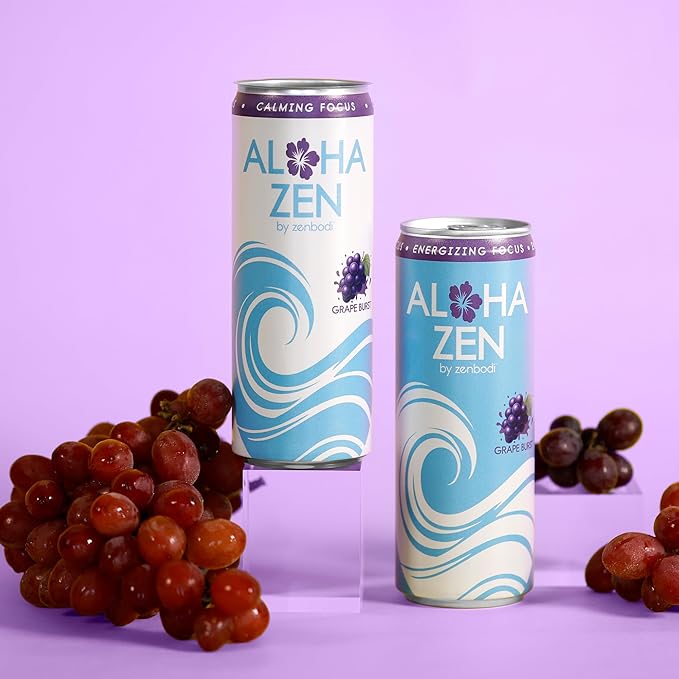 Zenbodi Aloha Zen Grape Burst - AWAKEN Functional Beverage - 12 Pack Energy Drink Zero Sugar Energy Drinks with L-Alpha GPC Caffeine and L-Theanine