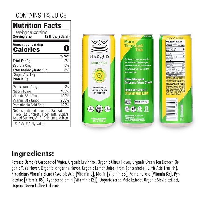 Organic Green Tea + Yerba Mate Drink by Marquis |Antioxidant Infused Sparkling Beverage | Zero Sugars Zero Calories | Citrus Yuzu Flavor Super Tea | Pack of 12 (12 oz Cans)