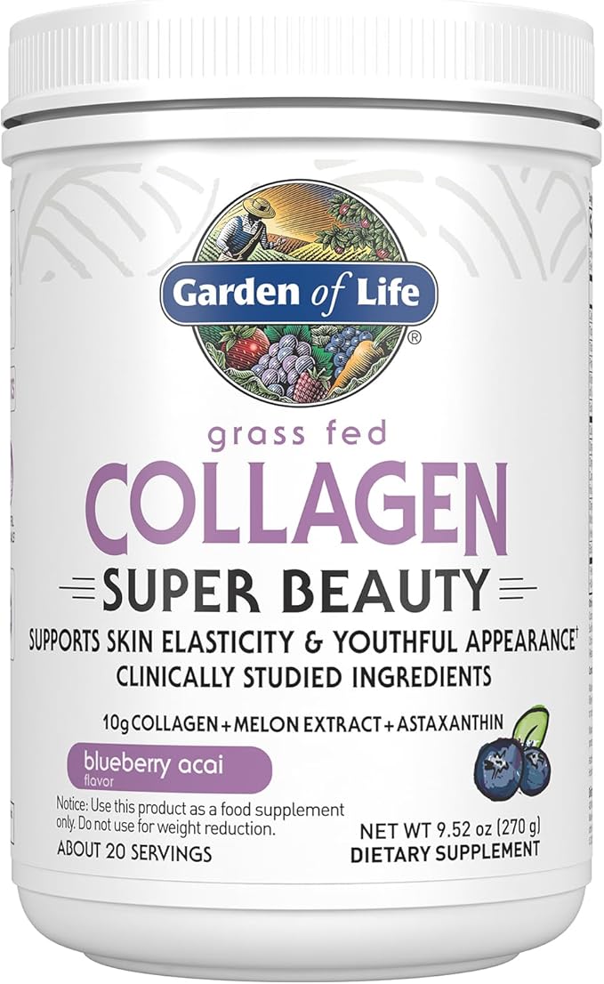 Garden of Life Grass Fed Collagen Powder Blueberry Acai Hydrolyzed Collagen Peptides Powder Supplement Drink Mix 20 Servings