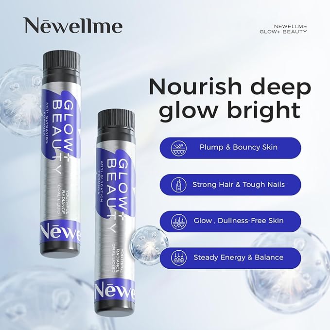 NEWELLME Glow+Beauty Collagen Drink – Liquid Beauty Supplement with Hyaluronic Acid &amp Antioxidant Complex Supports Skin Hydration Hair &amp Nail Strength 14 Bottles