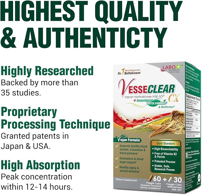 LABO Nutrition VesseCLEAR CX: Nattokinase NSK-SD + Gamma Oryzanol for Clean Blood Vessel &amp Healthy Ageing Japan's Most Clinically Studied Support Healthy Cholesterol Heart Vegan Acid-Resistan
