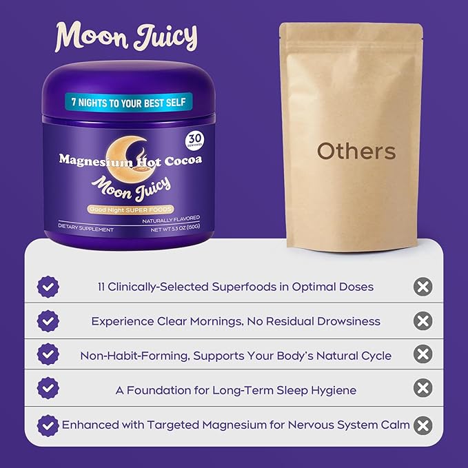 MoonJuicy Nighttime Sleep Hot Cocoa Mix for Adults - Natural Magnesium for Sleep &amp Melatonin-Free Aid Powder with L-Theanine Chamomile - Calming Hot Chocolate (30 Servings).