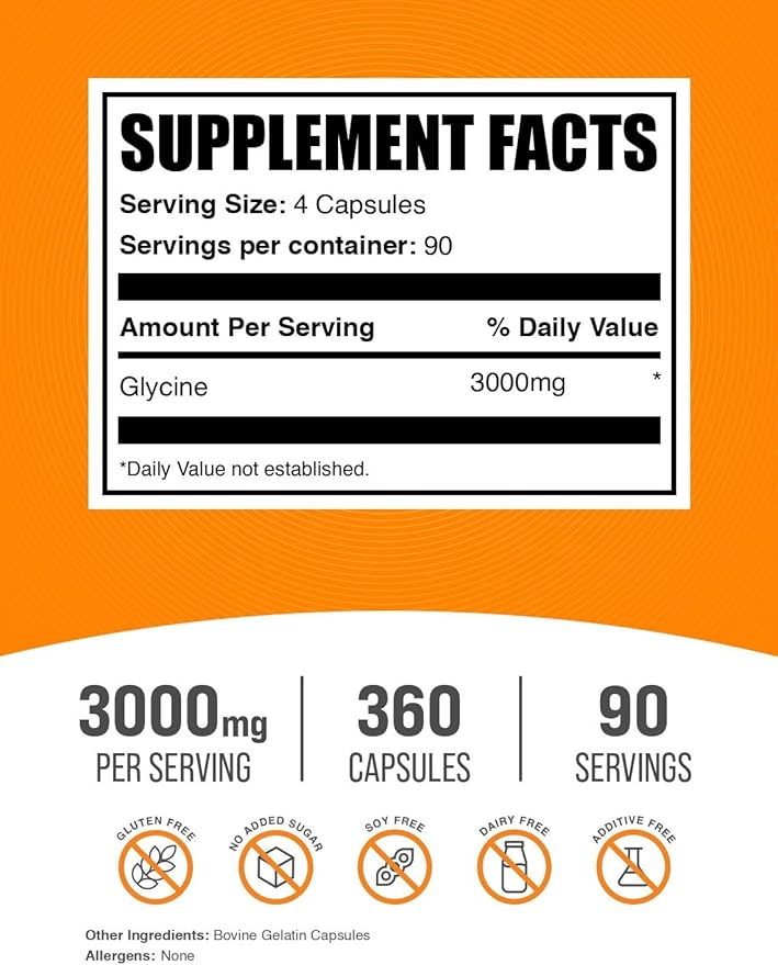 BulkSupplements.com Glycine Capsules - Glycine Supplements Amino Acid Supplement - Gluten Free 4 Capsules per Serving 360 Count (Pack of 1)