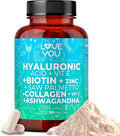 Love You Hyaluronic Acid + Collagen Complex - Beauty &amp Joint Support with Biotin 10000 mcg Zinc Saw Palmetto &amp Ashwagandha - 90 Veg Capsules