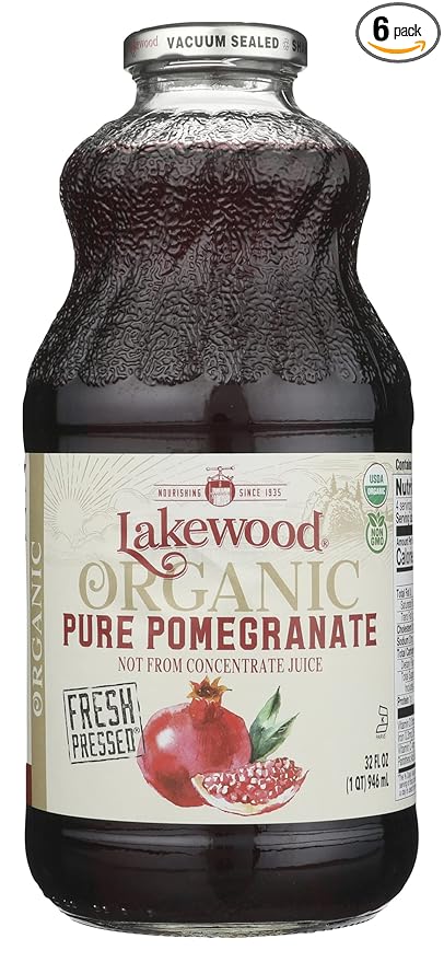 Lakewood Organic Pure Pomegranate Juice Gluten Free Non GMO Preservative Free 32 Fluid Ounce (Pack of 6)