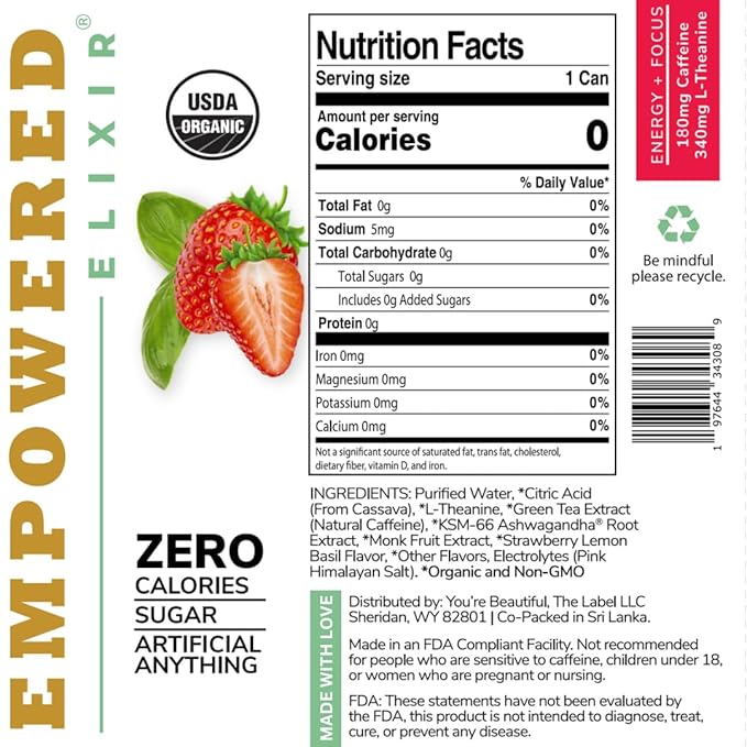 Organic Strawberry Lemon Basil Energy &amp Focus Drink | Green Tea (Natural Caffeine) L-Theanine Ashwagandha Electrolytes |12oz. Cans (Pack of 12)