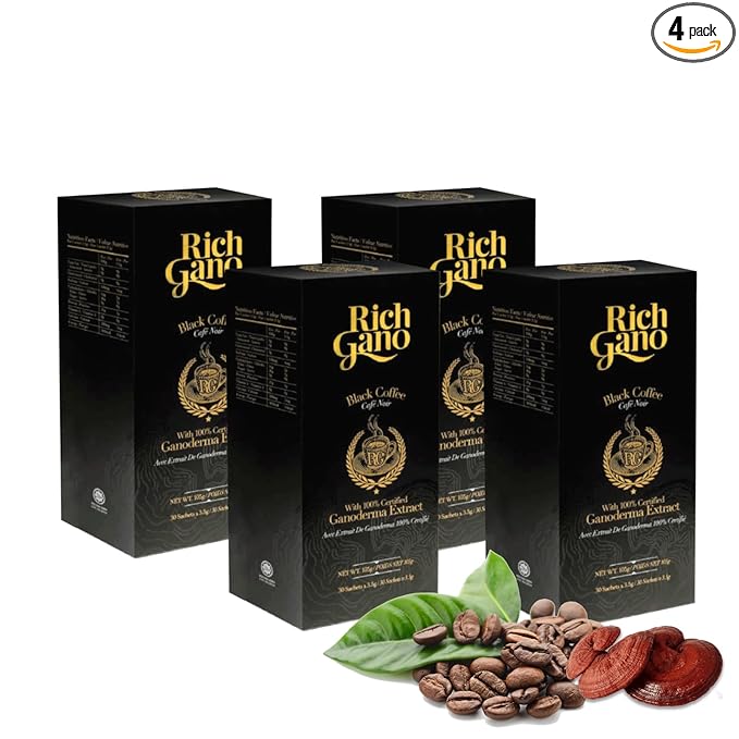 Rich Gano Reishi Mushroom Coffee – (4 Boxes of 30 Sachets) Black Coffee with Ganoderma Extract – All Natural Vegan Friendly Instant Coffee Packets – Zero Jitters Energize Ganoderma