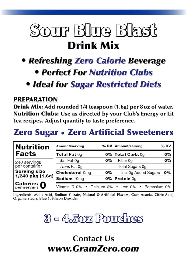GramZero Sour Blue Blast Zero Calorie Sugar Free Drink Mix Great For Nutrition Club Loaded Tea Stevia Sweetened