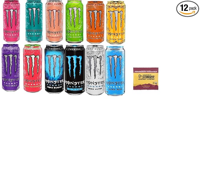 Monster Energy Drink Variety -Low Calorie Pack - 16 ounce (Pack of 12) + Stinger Energy Chews