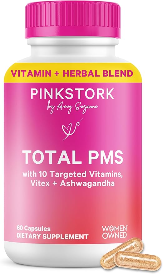 Pink Stork PMS Supplement for Women - Vitex Ashwagandha Maca Root &amp 10 Vitamins &amp Minerals to Support Hormone Balance Mood Bloating Period Regularity - 60 Capsules