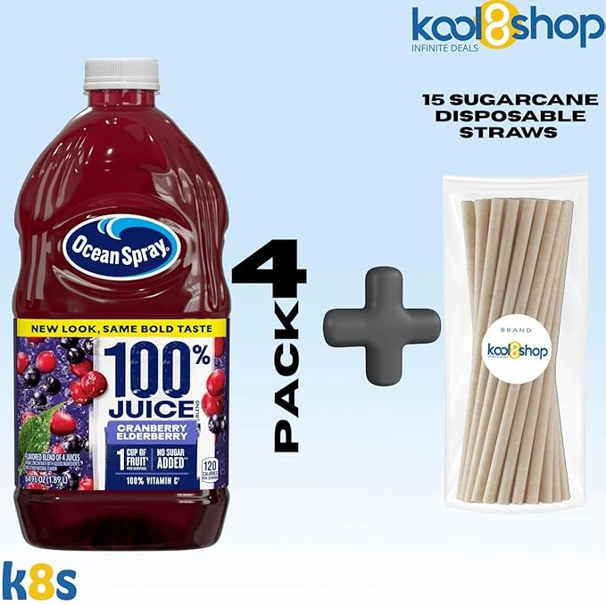 Ocean Spray Cranberry Elderberry 100% Fruit Juice No Added Sugar 64 fl oz 4 Pack + 15 Sugarcane Disposable Straws by KOOL8SHOP Infinite Deals