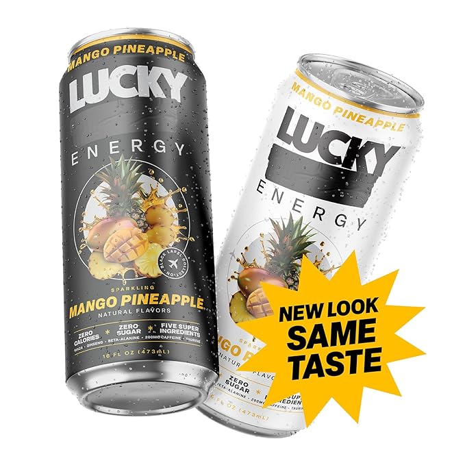 Lucky Energy Sugar Free Energy Drinks Mango Pineapple 16oz Cans (12-Pack) Healthy Zero Sugar Energy Drink with Maca Ginseng Beta-Alanine Taurine &amp 200mg Caffeine