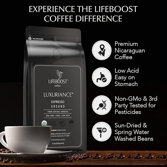 Lifeboost Organic Espresso Ground Coffee - Non-GMO Low Acid Single Origin USDA Shade Grown Organic Espresso Coffee - Third Party Tested For Mycotoxins &amp Pesticides 12oz Bag