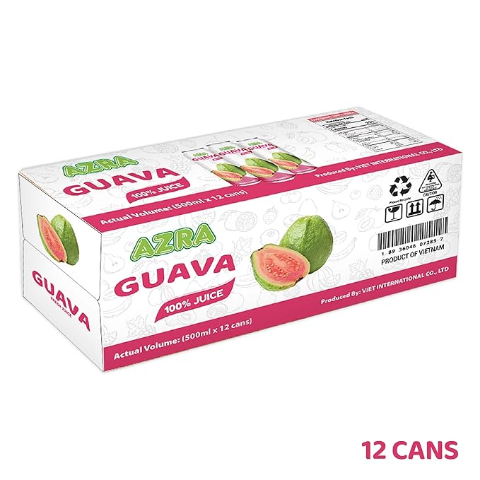 AZRA 100% Guava Juice – 500ml Cans Exotic Fruit Juice Beverages – Zero Sugar Drinks Healthy Guava Drink for Kids and Adults – Bulk 100% Juice Pack 12 Count