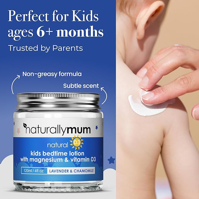 NaturallyMum Kids Magnesium Lotion with Vitamin D and Magnesium Sleepy Bath Soak Bundle - Support for Sleep Heart Bone Nerve Gut and Muscle Health - Lavender &amp Chamomile - 4.2 fl oz &amp 8.8