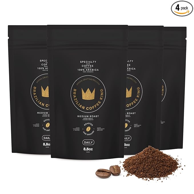4-Pack Specialty Coffee Daily – Arabica Roasted Ground in Brazil – Smooth Comforting Flavor with Notes of Chocolate Caramel and Nuts – Medium-Dark Roast Carefully Harvested – Brazilian Coffee King