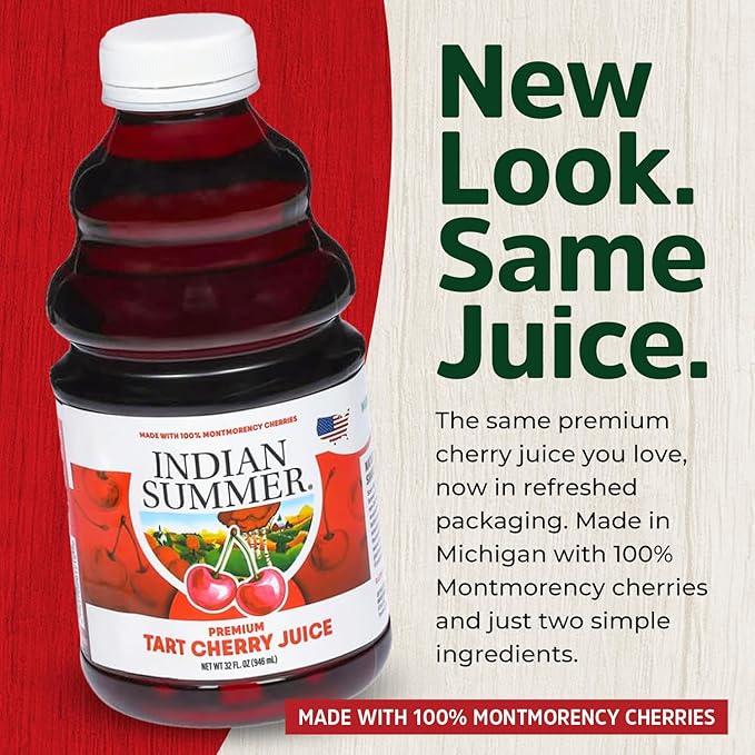 Indian Summer Premium Tart Cherry Juice Made with Montmerency Cherries 2 Simple Ingredients Handpicked Fruit since 1973 (32oz Pack of 2)