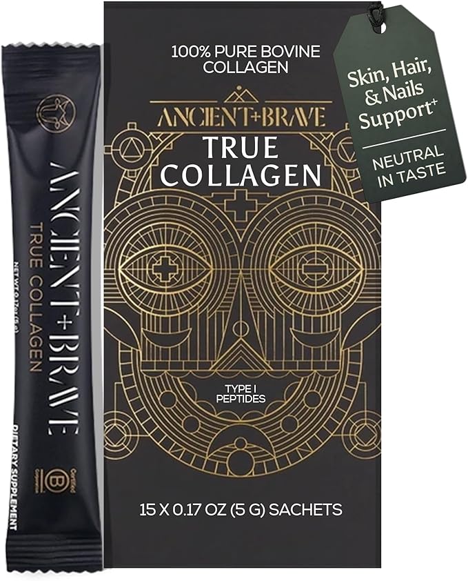 Ancient + Brave True Collagen Powder Packets 15 x 5g EU Grass Fed Collagen Peptides Highly Absorbable Protein Powder Supplements for Women Keto Friendly for Hair Skin and Nails Travel Ready