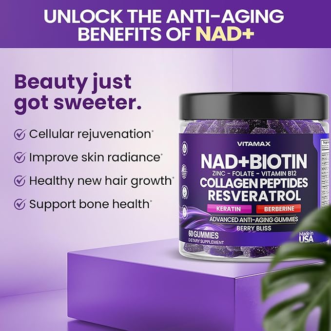 NAD+ Resveratrol Berberine &amp Biotin Anti-Aging Gummy - Hair Skin Nails &amp Joint Supplement - Collagen Peptides Keratin Zinc Vitamin K2 &amp D3 Gummies -Regeneration- Non-GMO - Made in