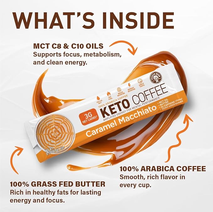 The Frozen Bean - Caramel Macchiato Keto Instant Coffee Mix with Low Sugar MCT Oils Skinny Coffee Weight Loss Improves Focus and Energy Increase Metabolism for Women Belly Fat - 20 Single Sticks