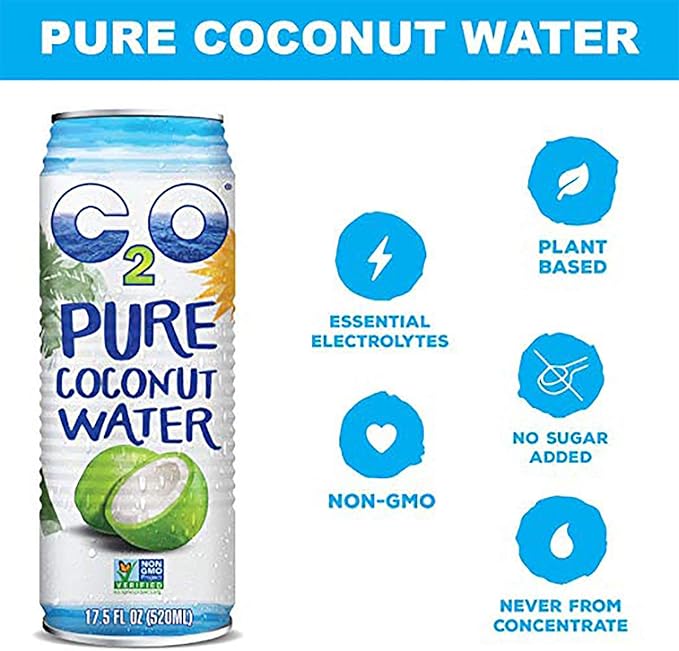 C2O Pure Coconut Water | Plant Based | Non-GMO | No Added Sugar | Essential Electrolytes | 17.5 FL OZ (Pack of 12)