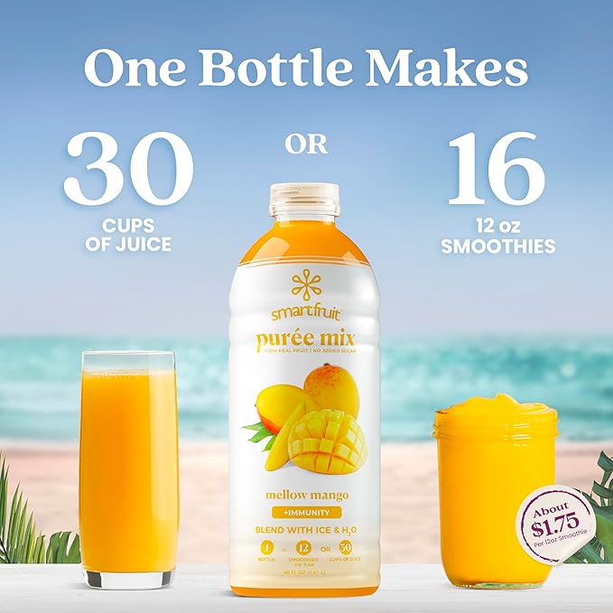 Smartfruit Mellow Mango + Immunity – 100% Real Fruit Purée with Mango Banana Apple &amp Pineapple – Great for Smoothies Juice Yogurt Cocktails Teas – High in Vitamin C Selenium &amp Zinc – 48