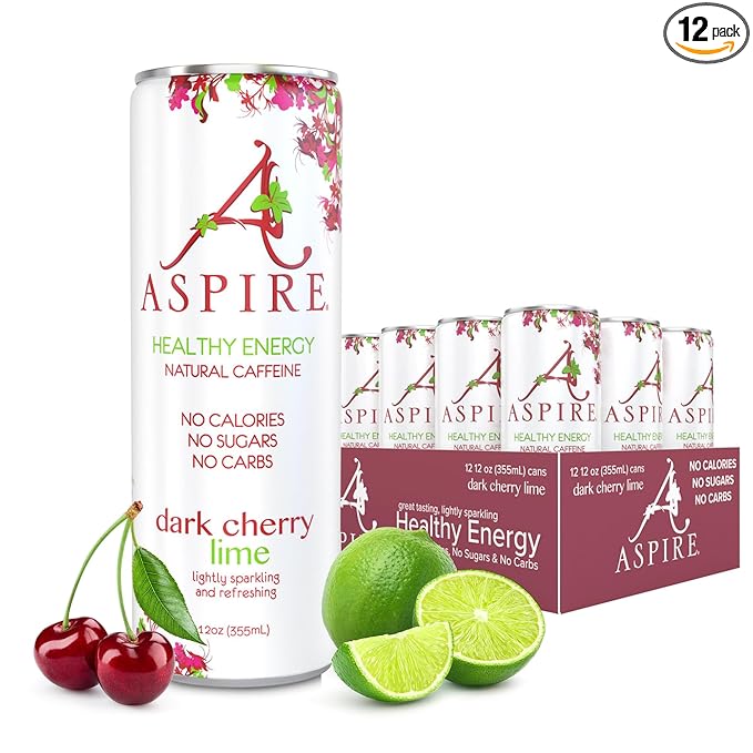 Aspire Dark Cherry Lime Healthy Energy Drink Natural Caffeine from Green Tea Keto-Friendly Sugar-Free Zero Calories 12 fl oz Cans (Pack of 12)