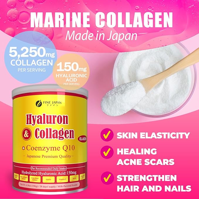 FINE JAPAN Premium Marine Collagen Powder with Hyaluronic Acid CoQ10 &amp Elastin - Non-GMO - 30 Servings (196g / 6.9oz)