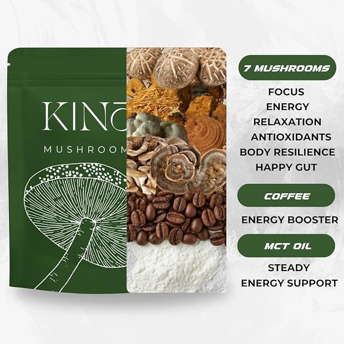 Kinoko USDA Organic Mushroom Coffee 30 Servings with MCT Oil Instant Creamy Coffee Mix with 7 Adaptogenic Mushrooms for Focus Energy &amp Wellness USA Grown