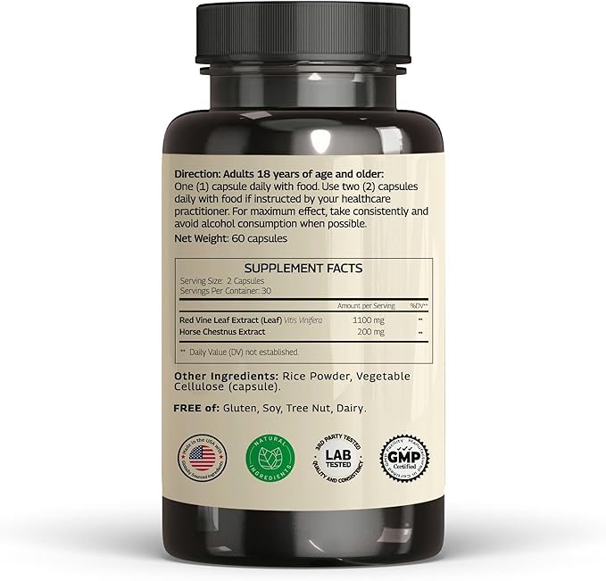 VINATURA Red Vine Leaf Extract - Horse Chestnut 1300mg/serving *USA Made and Tested* Circulation and Vein Support for Healthy Legs - Helps Blood Flow Leg Circulation - 60 Capsules (30 Servings)