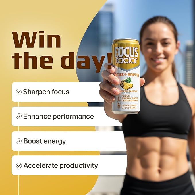 Focus Factor Energy Drink - 12 x 355ml Cans (Pineapple Paradise Flavor) - with Focus + Energy - Lightly Carbonated Sugar Free Low Calorie with Vitamin B6 &amp Vitamin B12