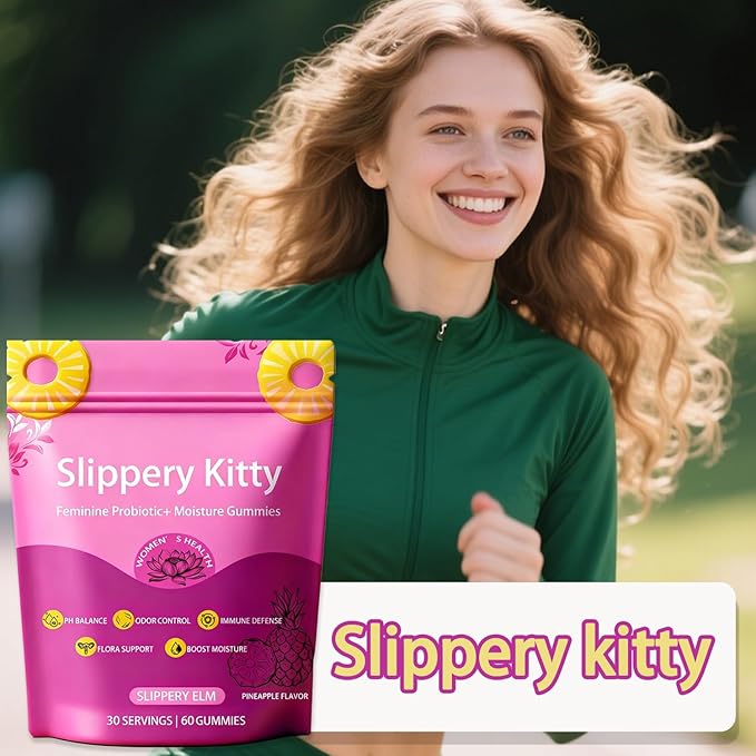 Slippery Kitty Gummies Feminine Probiotic + Moisture GummiesSupports Digestive Health Slippery Elm for Women - All in One Solution with Slippery Elm 60 Count Pineapple Flavor