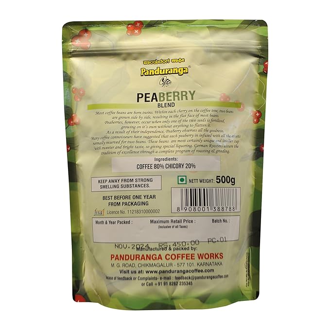 Panduranga Coffee | Premium Peaberry Coffee | 100% Arabica bean | Unique Single Bean | Medium Roast - 500grams (Pack of 2)
