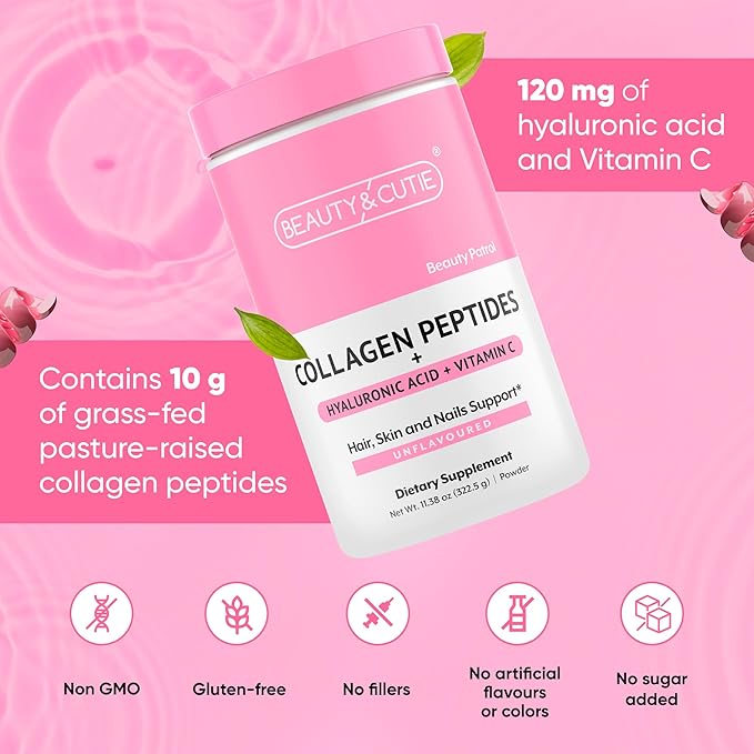 Collagen Peptides 10g with Hyaluronic Acid 120 mg and Vitamin C Powder Hair Skin and Nails Support Grass Fed Unflavored 11.38 oz