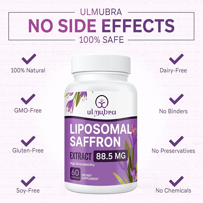 Liposomal Saffron Supplements 88.5 mg Maximum Absorption 100% Pure Saffron Extract Capsules for Mood Energy Vision &amp Focus - 120 Vegan Capsules