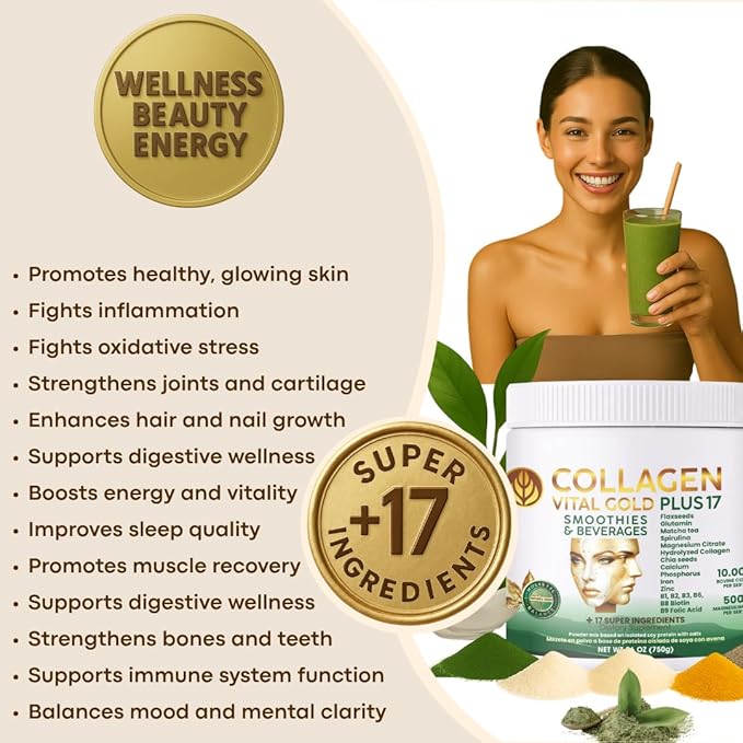 Vital Life Collagen Peptides Powder +17 Super Ingredients 1.6 lb (Pack of 6) Mint &amp Lemon Flavor Supports Hair Skin Nails Bones Joints &amp Digestive Health Collagen for Women &amp Men.