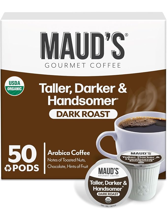 Maud's Organic Dark Roast Coffee Pods 50 ct Fair Trade &amp Single Origin Single Serve Pods – 100% Arabica Coffee Compatible with Keurig K Cups Maker