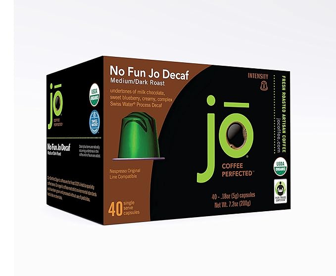NO FUN JO DECAF: 40 Organic Espresso Capsules made for Nespresso Original Line Compatible Brewers Medium/Dark Roast Swiss Water Process Decaf Fair Trade Lungo Ristretto or Espresso by Jo Coffee®