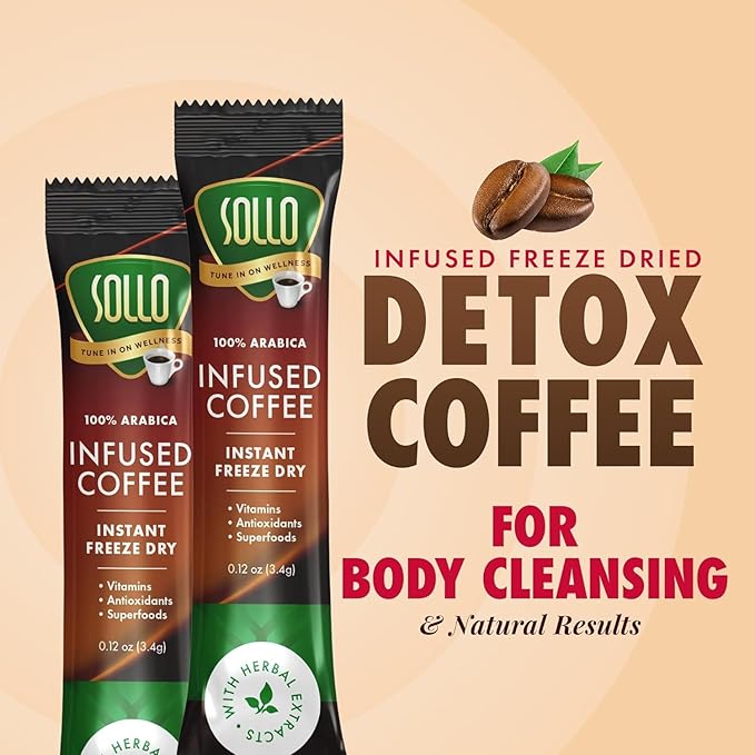 Sollo Detox Infused Instant Coffee Sticks (24 Servings) Weight Loss Healthy Body Support Slim Medium Roast 100% Arabica &amp Freeze Dried Coffee in Single Serve Sticks.