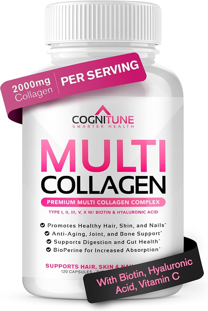 CogniTune Multi Collagen Peptides for Women with Biotin Hyaluronic Acid Vitamin C - 5 Types I II III V X Colageno Hidrolizado - 2000mg Hair Skin Nails Joints Support - 120 Capsules